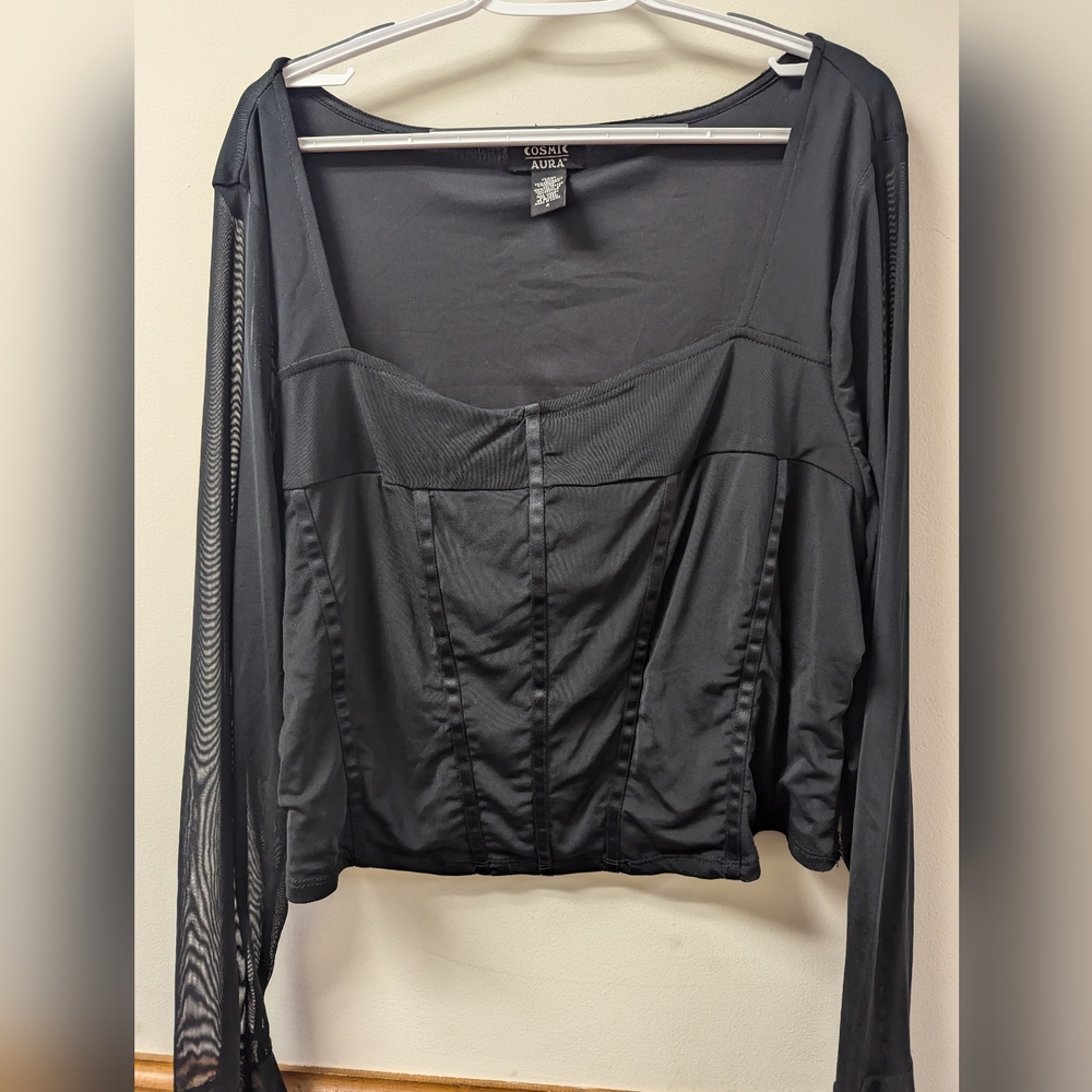 Cosmic Aura Black Corset Mesh Girls Long Sleeve Crop Top Plus Size